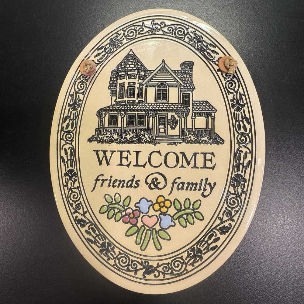 Trinity Pottery Wall Hanging Oval Plaque "Welcome Friends & Family" 7.25" x 5.5"